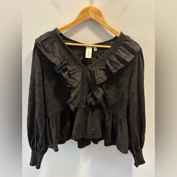 Y.A.S ‘Milda’ Black Floral Eyelet Ruffle V-Neck XL Peplum Top Cotton Long-Sleeve - Picture 2 of 9